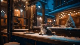 A luxury Cozy christmas cafe outside it is snowing. there is a kitten sleeping on the ledge the inside of the cafe is decorated with lights