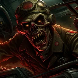 In the style of Heavy metal Magazine, close up of fantastical cursed Zombie World War I (WWI) flying ace with red glowing eyes in cockpit determinedly gripping the airplane yoke, Zombie Red Baron Dogfighter screaming, horror, intricately detailed, complex contrast, dynamic composition; cinematic lighting; meticulously composed concept art, masterpiece, cell-shaded, Zombiecore