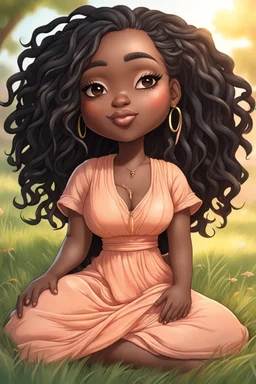 An airbrushed chibi black cartoon of a curvaceous woman with flowing dread locs of black hair that's highly detailed, wearing a peach maxi dress. She sits relaxed on the grass facing the warm sunlight, which illuminates her face as she looks to the side with a small smile, accentuating her prominent makeup and brown eyes.