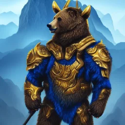 An angry bear in blue and gold armor, background of Inka jungle, high detail, smooth, realistic, digital illustration, Artstation, artgerm,