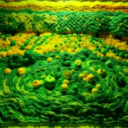 A green land made out of yarn with fruit painted by Vincent van Gogh