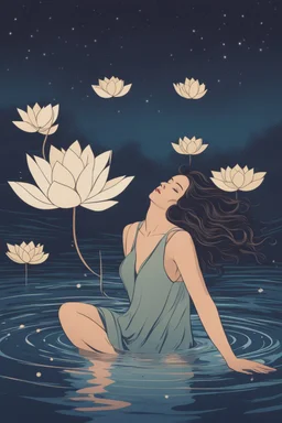 woman floating in water, front view, night time, lotus floating in water, freedom, bust up, sense of liberation