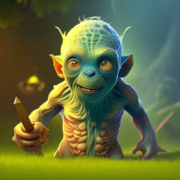 Clash of clans art style of cute gollum inside cave, full body, by mobeius, au naturel, hyper detailed, digital art, trending in artstation, cinematic lighting, studio quality, smooth render, unreal engine 5 rendered, octane rendered, art style by klimt and nixeu and ian sprigger and wlop and krenz cushart