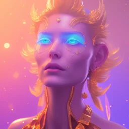 A portrait of a crystalised blue pink extraterrestrial, gold, diamonds, sunny background, atmospheric, realistic, unreal engine, 8k. Cinematic lighting, octane render.