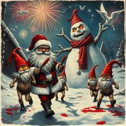 there is no kebabs at christmas, evil Santa, evil naked gnomes running around, staring flaming eyes, evil naked Rudolf, very big evil melting angry Frosty the snowman in background, 1940 christmas postcard, blood stains, Flying angels, fireworks, Tim burton style