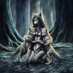 fantasy anime art from an gray bodyhair wolf female anthropomorphic wolf female hibrid kneeling hugs her two anthropomorphic wolf-kid hibrid child on field, in background tall trees wirh big trunks, rain, down on blue-green moss, hug each other , rainy day, high contrast, high detalied, atmospheric, fantasy, sci-fi mood