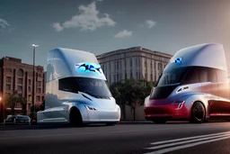 A Tesla 'Semi' (semi truck) is parked, on the streets of New Orleans. (CINEMATIC, WIDE ANGLE LENS, PHOTO REAL)