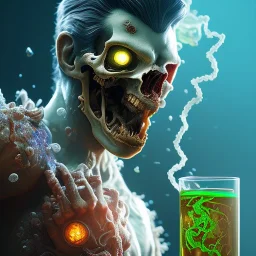 Closeup of a zombie in a magic glass, levitated lab equipment, 4k, Highly Detailed, Masterpiece, perfect eyes, Digital Illustration, Cinematic Lighting, Realistic, Sharp Focus, Centered, Beautifully Lit, Bioluminescent by Stanley Artgerm Lau