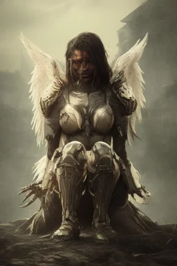 Fallen angel character crouching, yellow eyes, dark hair, dark armor, waist up portrait, Demonic tail, hyperrealistic, intricate details, insanely detailed, cityscape background, natural lighting, black wings