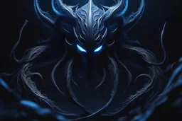 Huge symbiote in 8k solo leveling shadow drawing, Cthulhu model, skull mask, neon blue lights, Chaos sea, intricate details, highly detailed, high details, detailed portrait, masterpiece,ultra detailed, ultra quality