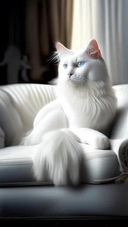 White cat, sitting on a sofa hdr