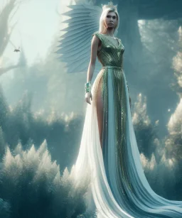 A crystalised queen, atmospheric, realistic, unreal engine, cinematic lighting, octane render, transparent long dress, blonde, full body, wings