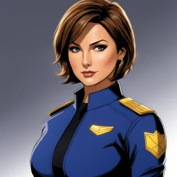 (in the style of Orion, by Masamune Shirow) youthful Mariska Hargitay as Olivia Benson with short hair in Law & Order: Special Victims Unit, 1999 Olivia Benson as a Star Trek Officer