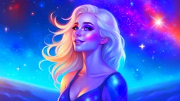 Full body portrait of a peaceful ((smiling)) gorgeous blonde Goddess of the galaxies with a blue indigo purple skin, high skul, luminous eyes in a galactic sunset