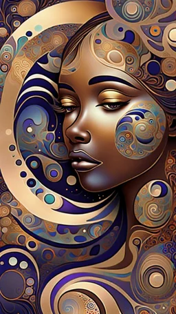 A digital artwork of women open her beautiful eyes with her baby adorned with intricate patterns and designs. The figure's face is covered in swirling lines, circles, and other abstract patterns in hues of mocha, navy and gold.The background is a colorful glass , with abstract patterns that complement the figure's design. The overall ambiance of the image is dreamy and surreal.