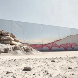 Photograph, hills, bright reflective aluminum cover, brutalist, rags, daylight, parete rocciosa appoggiata a muro di cemento bianco, brutalist, red spots, liquid, open air museum style, corde, apparecchi elettronici, powder, minimalist, details of the dust very accentuated, deep 3d field