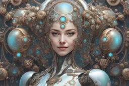 luxe glass robotic goddess, exquisite engraving, enchanted, delicate face, smiling, elegant, opal gears cyborg, luxury flowery suit🌷🌼🌿, highly detailed, digital painting, artstation, asymmetrical, concept art, smooth, sharp focus, 8k , trending on artstation, sharp focus, studio photo, intricate details, highly detailed, by greg rutkowski