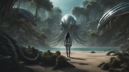 Wide-angle shot of a woman, standing on the right on an alien beach, with dark hair in a silver robotic catsuit, many floating aliens with long tentacles, alien jungle trees in the distance detailed matte painting, deep colour