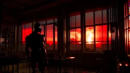 4K, ultra detail, ombres et reflets maximum, full realism. Terminator fighting with the devil on a radio station. A nuclear explosion can be seen outside the window. Fire in the room