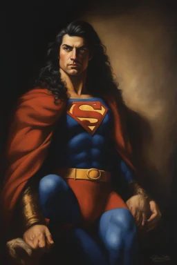 Oil on canvas, chiaroscuro, deep shadows, fairytale, 16th century masterpiece, rich deep colors, highly detailed portrait Superman, long black hair, blue eyes, slight smile, Boris Vallejo, Frank Frazetta, Julie bell, Caravaggio, Rembrandt, Michelangelo, Picasso, Gilbert Stuart, Gerald Brom, Jim Lee, Alex Ross, Dorian Vallejo, Stan Lee Lunar Display, northern lights, glowing, beautiful, Boris Vallejo, Frank Frazetta, Julie bell, Caravaggio, Rembrandt, Michelangelo, Picasso, Gilbert Stuart, Gerald