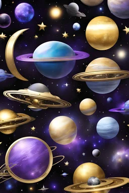 spacecrafts in gold, silver, black, blue, purple, background space, stars, planets, nebulas