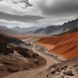 A rugged and rocky valley lies in a landscape of grey stone and red sand. Large snow-capped mountains loom in the background. The sky is tinted orange, and thin clouds streak the sky like they're being driven by a strong wind.