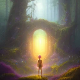 spray painting fantasy art, close up on young elf standing in portal to wet forest world from desert world