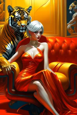 A digital painting by Sorayama of a beautiful gynoid with a yellow dress sitting in a red couch next to a tiger's head.