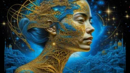 Universe, Galactic space portrait of a woman, roots, inspired by architecture, crazy details and double exposure in fantasy art, gold, glitter, blue, fine art, hyper-detailed main society, fine rendering, sharp drawing, vibrant colors