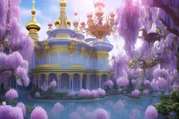 a magical crystal flower magnolias wisteria blue gold house russian palace castle in the woods, magnolias pink,blue lake,sun,white swanns,pink vertical, blue lake,sharp, vines, candlelit, endor, ornate, elegant, highly detailed, artstation, concept art, smooth, sharp focus, illustration, 8k, splash art, wallpaper, key visual