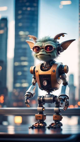 Hairy Gremlin pimp robot on hipster star ship parked on top of sky scraper,bokeh like f/0.8, tilt-shift lens 8k, high detail, smooth render, down-light, unreal engine, prize winning