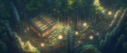 Realistic top view that warm, a huge library in forest with fireflies around trees that have wide leaves and broad trunked