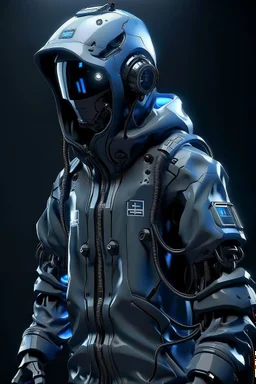 Hyper-detailed photography, A revolutionary cyborg robot is modelling a windbreaker jacket, full body visible, focus on the high-end material, limited edition, matte finish, puffed up air pockets, cinematic effect ,smart focus, 12k