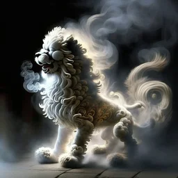 foo dog with curly white fur, smokey breath and fire, a long tail, moving forward towards viewer, wrapped in smoke