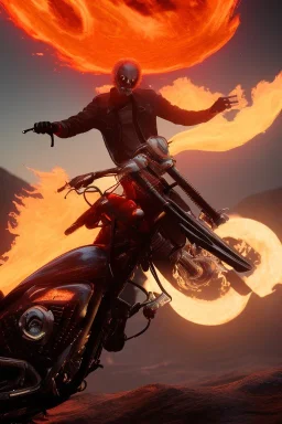 Ghost rider riding in hells flames in hell with the moon in the background