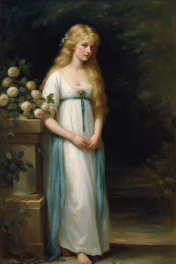 young woman small in stature Her features were soft, and her blonde hair framed her petite face.she wore was a thin white nightdress, which ended just above her knees. green/blue eyes