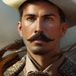 portrait,"Insanely detailed photograph of a male western mustachioed crossbowman", detailed charro, sequenced Sombrero, detailed held dagger, digital painting, artstation, concept art, sharp focus, illustration, art by artgerm and greg rutkowski and alphonse mucha, 8 k,fantasy, unreal engine