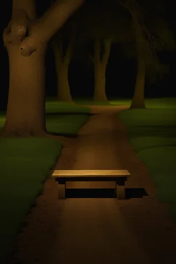 Night, square bench, dirt roads, trees, photography