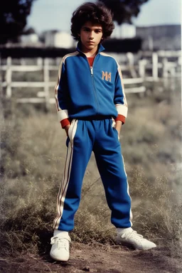 eleven year old mediterranean boy dressed track pants, early 80's color photo