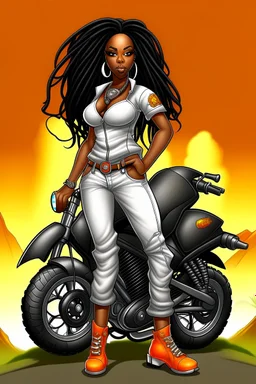 Create a digital airbrush cartoon of a curvy African American female wearing tight white jeans and a off the shoulder orange blouse. She is also wearing timberland boots. Prominent make up with hazel eyes. Highly detailed very long extremely dread locs black hair. Her skin is smooth and silky. Background of a track of ATV riders.