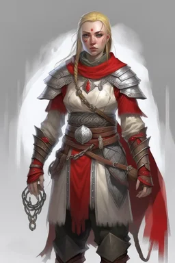 full length22-year old, nordic looking female human cleric with a necklace of red beads, wearing scale mail