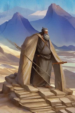 Moses stands on a mountain and holds a wooden staff, at his feet are fragments of stone tablets on which the 10 commandments were written, and below is a valley with the cities of Palestine of sands, tents and mountains. There is a silhouette of God in the sky. Everything is painted in watercolor