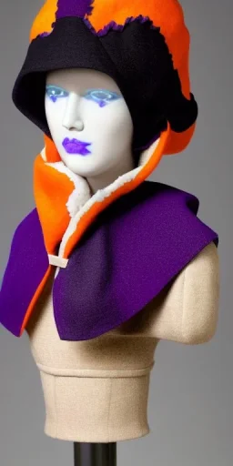 Caucasian white woman black hair. average body type. Mantle is sewed of recycled Denim and sewed together of camouflage pieces. Patterns are composed of orange, cream, blue, lilac and purple. blue latex gaiters. It is with big bright purple felt tippet and cream-colored-hood. mantle is merged with tippet. Big AKG-style headphones (gold rings!) is merged with small felt cap with small visor. Style: Haute Couture, 1920's, Paris fashion, late nineties, street art.