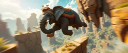 bear ant eater elephant floating in 4 dimensional platform game, goa trance movie poster, stylized art, pin hole photo, motion blur