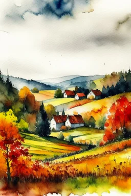 Autumn Czech valley in the rain. - Watercolor and watercolor painted style - Jenna Rainey style