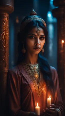 Shi Fi, a beautiful Indian woman in the temple holding a candle, atmospheric lighting effects, intricate industrial details, moody atmosphere, eerie grimdark ambiance, complex motherboard accents, speculative fiction art. Bokeh