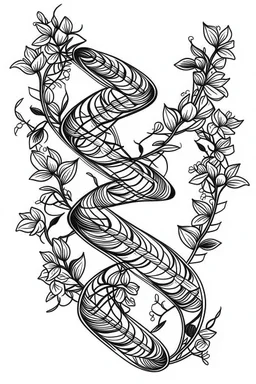 dna with flowers idea, line art, background, vector, svg, black outline on white background, leave plenty of white space beetween lines for coloring, tattoo style, tattoo idea,full body, minimalist