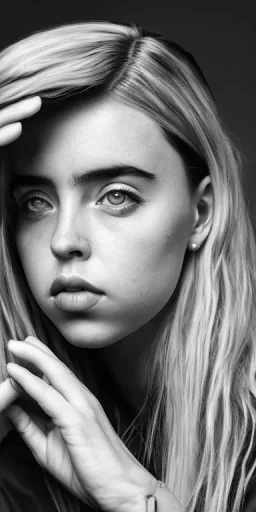 Billie Eilish, sitting on a chair, Black Short Dress, pale skin, high detail, realistic, 8k, not to be distinguished from a photo