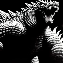 Portrait black and white ink and pencil of 'Godzilla',painting by Arthur Adams,Earl Norem,Caravaggio,simon Bisley,frazetta,Howard,西嘛哒, evan lee, Vallejo,kelly , cinematic composition, extreme detail,fit full body inside picture,8k