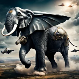 Lucky Stryker, Jet-fighter elephant combination, biomechanical surrealism, organic surrealism, dystopian, photorealisitic, in flight